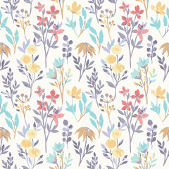 This seamless floral pattern features hand-drawn flowers and foliage in vibrant shades of teal, orange, yellow, and soft brown. The design evokes a fresh springtime mood with playful botanical element