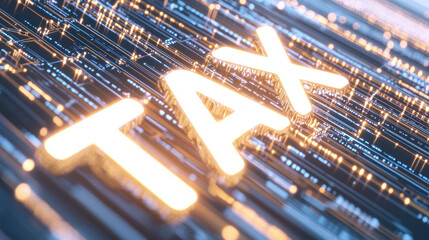 3D hologram of TAX text illuminated against backdrop of floating data, symbolizing finance and technology. glowing letters convey sense of importance and urgency in financial matters