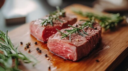Fototapeta premium Fresh raw beef steaks seasoned with rosemary and pepper on a wooden cutting board.