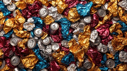 Obraz premium Crushed, colorful cans & foils texture. Metallic material
