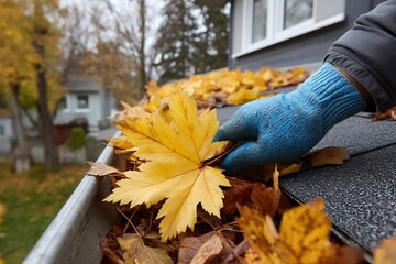 Worker cleaning roof of fall leaves for proper home maintenance  
