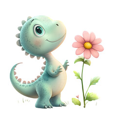 A sweet baby dinosaur admiring a delicate pink flower, showcasing charming character design and soft pastel colors. © Naeem