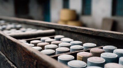 Aged wooden shelf filled with pastel chalks suggests creativity, the blurred backdrop offering a rustic workshop feel.