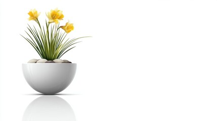 Yellow blossoms in a white, rounded pot with pebbles, reflected on a clean white surface.