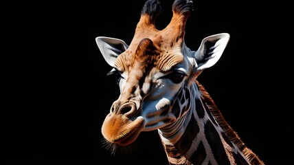 Obraz premium A graceful giraffe headshot, isolated against deep black background, fine art wildlife photography,Generative Ai 