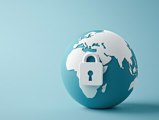 3D globe with digital lock interface symbolizes global security and protection. design emphasizes importance of safeguarding information in connected world
