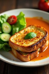 Creamy tomato soup, golden grilled cheese, crisp salad , sandwich, tasty, close-up