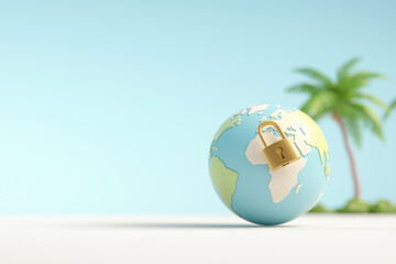 3D globe with golden padlock symbolizes security and luxury, set against serene background with palm trees. This evokes sense of protection and exclusivity