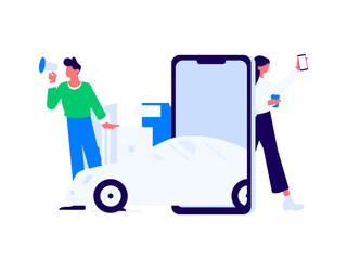 Flat vector concept operation hand drawn illustration of people taking a taxi
