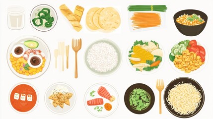 Diverse assortment of prepared food items and ingredients.