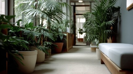 Fototapeta premium A hallway lush with potted plants, bathed in natural light, creates a tranquil, tropical oasis indoors.