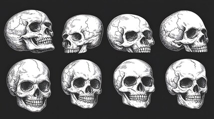 Intricate collection of detailed anatomical skull illustrations on dark background.