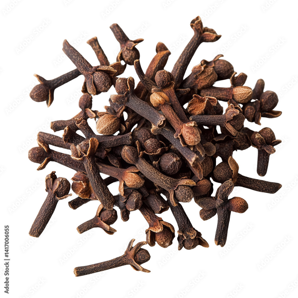 Poster dried cloves arranged showcasing their distinct shape and texture, ideal for culinary or aromatic us