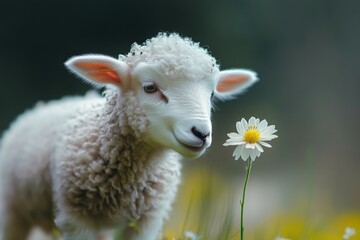 Obraz premium Cute lamb gently sniffs a daisy flower in a dreamy meadow with warm evening sunlight.