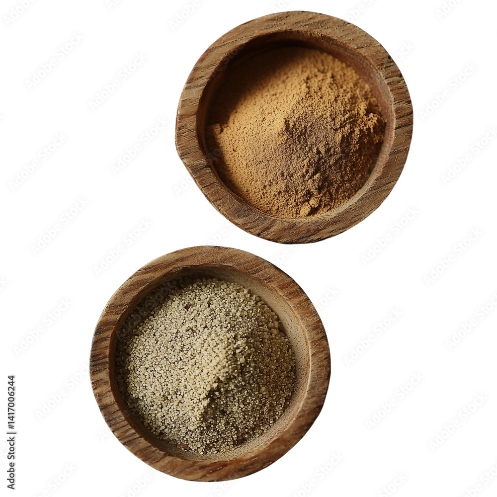 Poster two wooden bowls filled with different gray powders, positioned showcasing texture and color variati