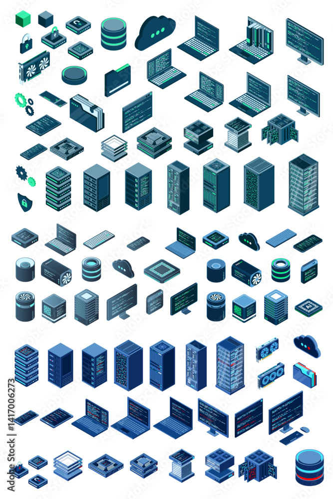 Poster large set of isometric computer technology. isometric set server equipment. modern technology concep