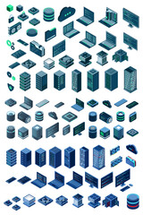 Large set of isometric computer technology. Isometric set server equipment. Modern technology concept for cloud computing, datacenter, database. Isometric technology