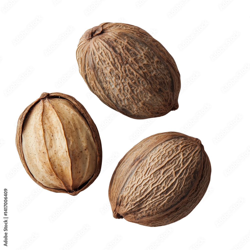 Poster three textured nut shells showcasing their intricate patterns and natural colors. isolated on white 