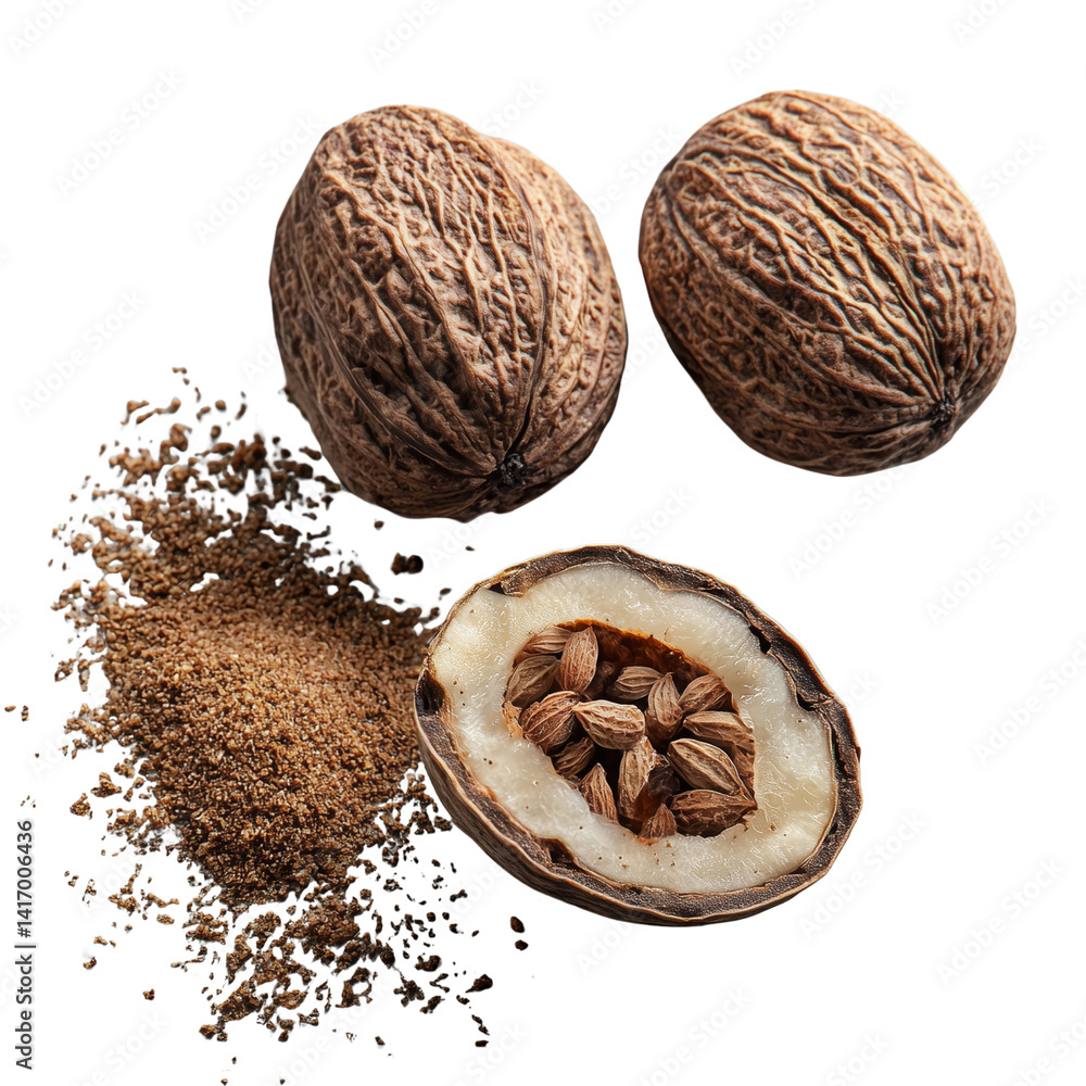 Poster nutmeg seeds and ground spice displayed highlighting their textured surfaces and natural colors. iso