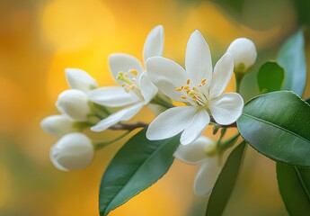 Fototapeta premium Delicate White Blossoms with Soft Green Leaves Against a Gentle Yellow Background in Nature's Splendor