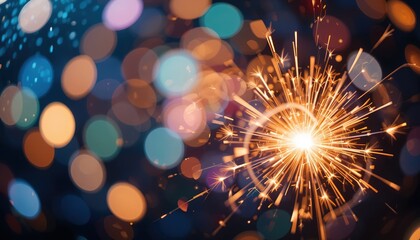 Obraz premium A festive New Year's scene featuring a blurred bokeh background of colorful lights with vibrant sparklers, setting an energetic mood with ample space for text.