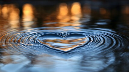 Heart shaped ripples in water at sunset