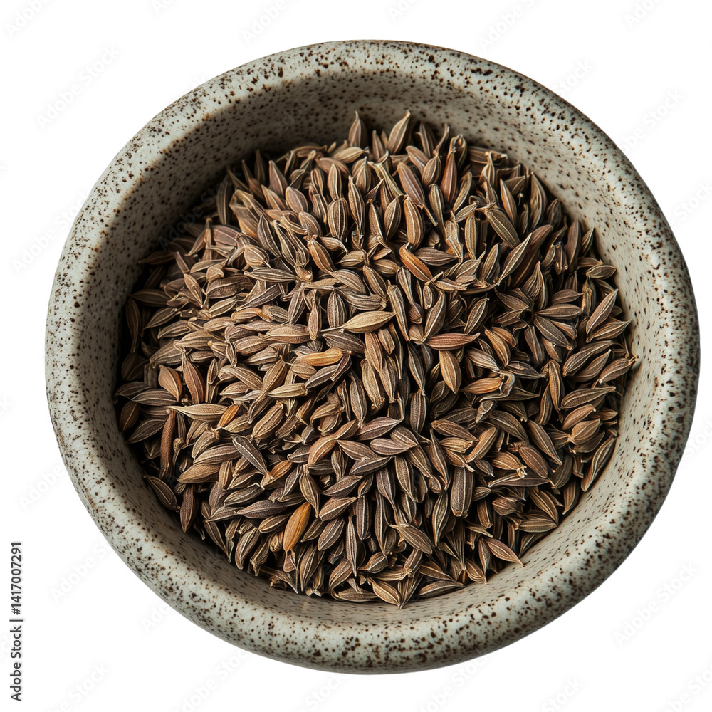 Poster a close-up view of cumin seeds in a textured bowl highlighting their unique shape and color. isolate