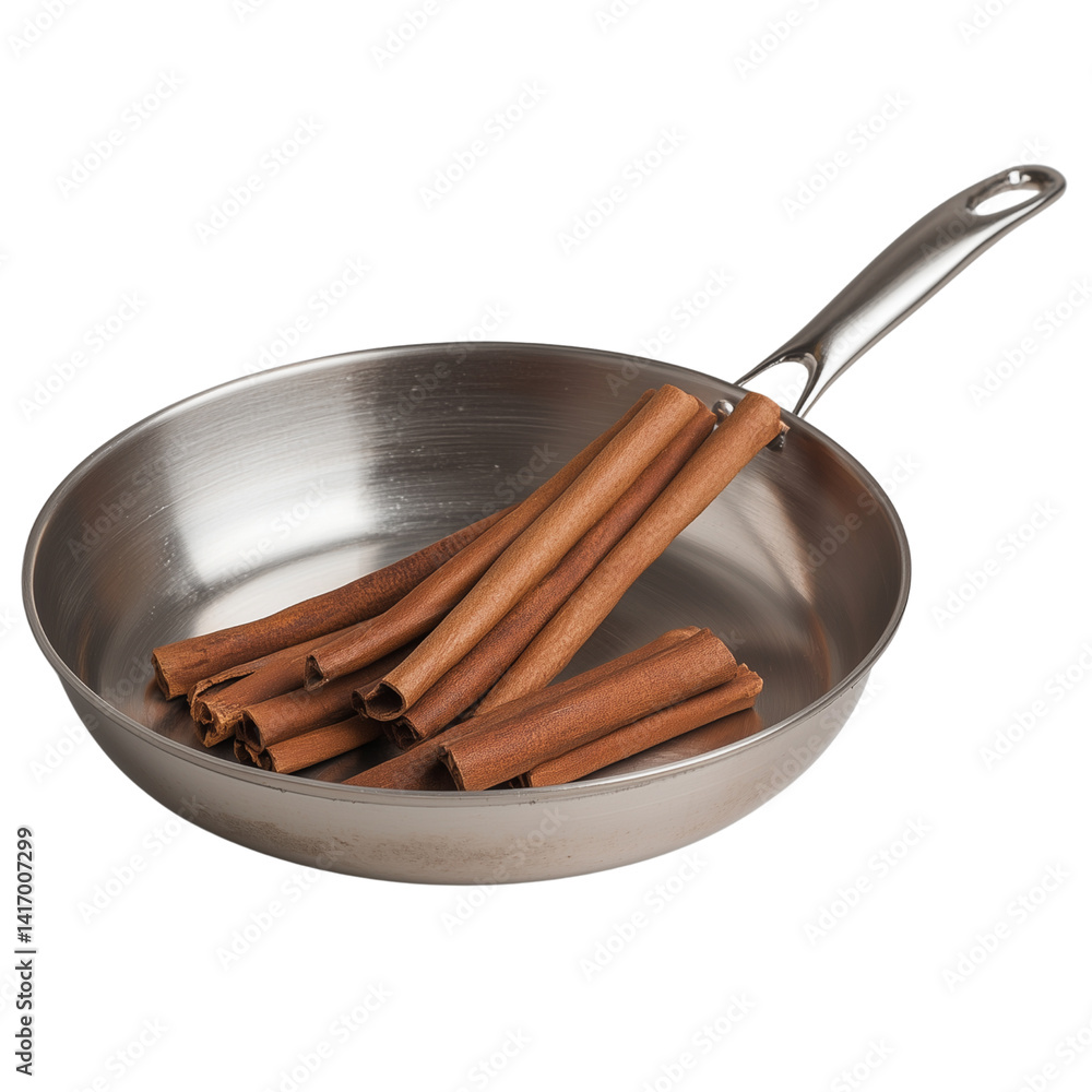 Poster a stainless steel frying pan with several cinnamon sticks arranged inside, highlighting culinary ele