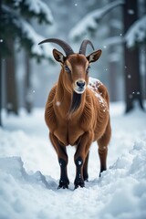 Brown goat in snowy winter forest, deep drifts , woodland, woods