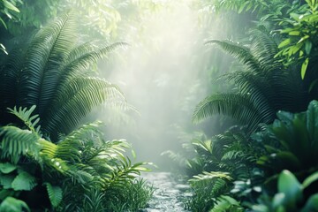 Lush, verdant jungle path bathed in sunlight.