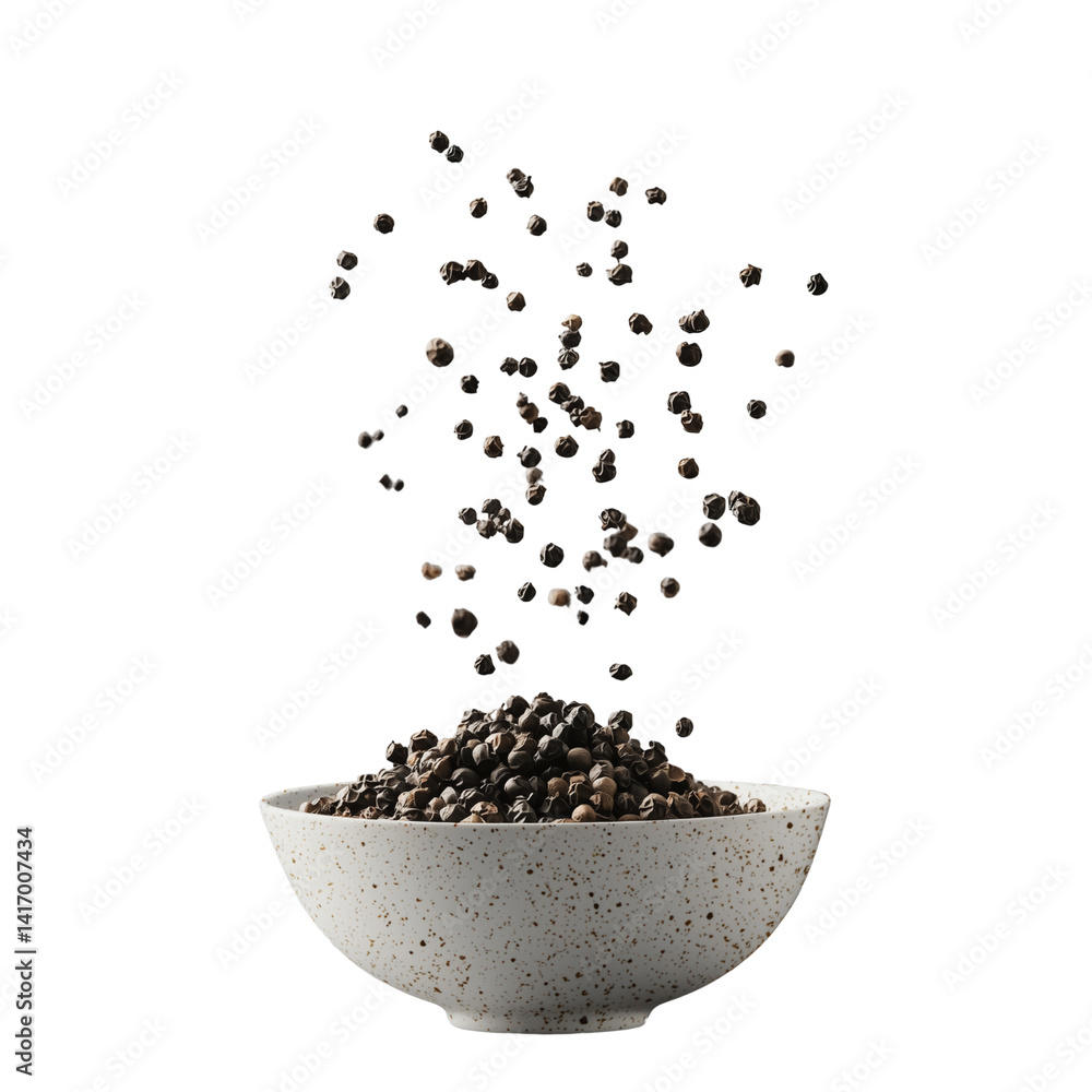 Poster a bowl filled with black peppercorns, with some peppercorns floating above, creating a dynamic, isol