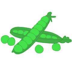 A clean and bright illustration features two whole pea pods and several loose peas