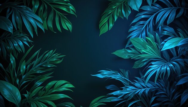 A striking dark background sets the stage for green and blue neon light dancing around tropical leaves, creating a mesmerizing, modern tropical ambiance with plenty of space for text.