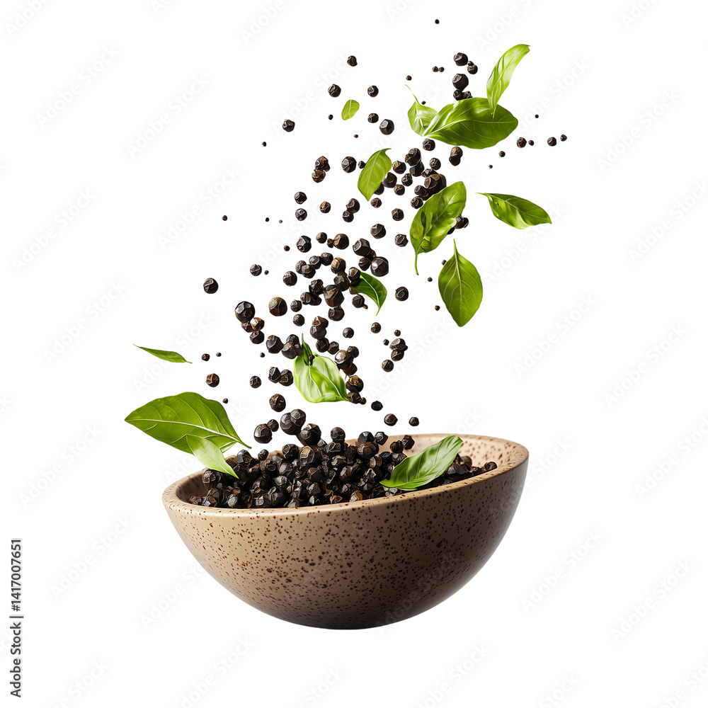 Poster a bowl filled with dark berries and fresh green leaves, creating a dynamic, floating visual effect i