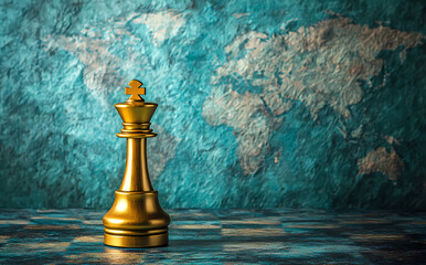 The King's Dominion: A solitary golden king chess piece stands majestically on a checkered board, a blurred world map forming a strategic backdrop.