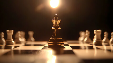Chess Strategy: A regal king piece is the focal point of the game, on a classic chessboard. The light shines. Representing tactics, competition, and intellectual pursuits. 