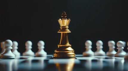 Golden Chess Queen: A golden chess queen piece stands tall and proud amidst a circle of white pawns, symbolizing leadership, strategy, and dominance in a game of chess.