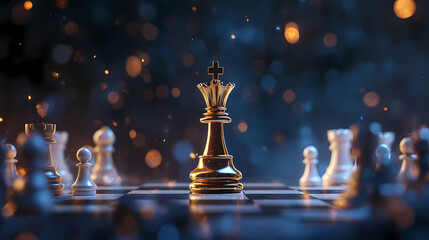 Chess King's Dominance: A majestic golden chess king stands tall amidst a strategic battle on a chessboard, illuminated by warm bokeh lights, symbolizing leadership and vision.