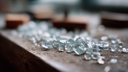 Sparkling glass shards scattered across a workbench glisten in soft light, highlighting the delicate beauty of craftsmanship and creation.