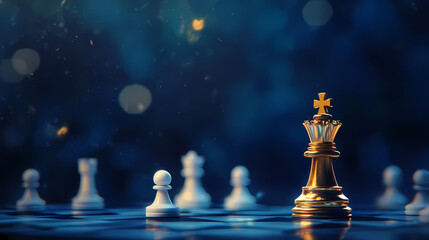Strategic Vision: A majestic golden king piece presides over a chessboard, symbolizing strategic thinking, decision-making, and the complexities of planning in a digital render of strategic thinking.
