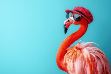Flamingo wearing hat and sunglasses, against a blue background, vibrant and tropical