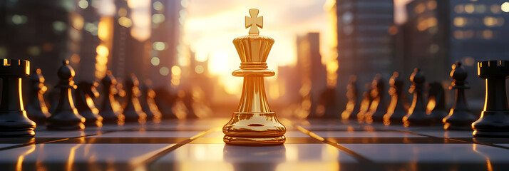 Golden King's Strategic Vision: A golden chess king stands prominently on a chessboard, embodying strategic thinking, ambition, and victory.