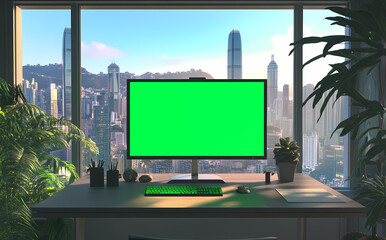 Green Screen Office Desktop with City view: A modern office workspace features a green screen desktop, offering a versatile canvas for digital content against a stunning city skyline backdrop.