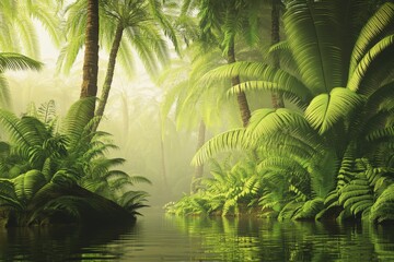 Naklejka premium Lush tropical forest with a calm river.