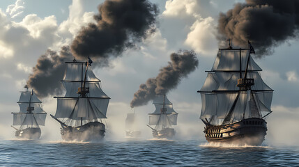 Naval Fleet Sails into the Horizon: A squadron of historic ships, sails billowing, charts a course across the boundless ocean under a cloudy sky. This image captures the majesty of maritime history.