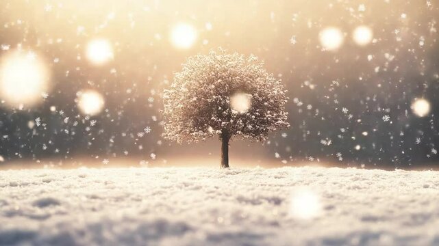Magical Winter Wonderland: A Single Tree Stands Under Gently Falling Snowflakes in Serene Landscape