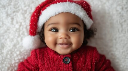 A cute baby girl wearing a Santa hat and smiling.