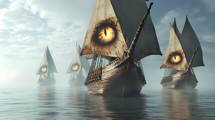 Spooky Sailing Ships: A fleet of ghostly sailing ships glides eerily across a misty expanse of water, sails adorned with ominous, glowing eyes, evoking a sense of mystery and foreboding.