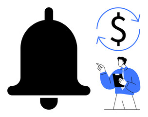 Large notification bell with arrow-wrapped dollar sign, professional figure holding clipboard pointing toward concept. Ideal for money management, subscription, business alerts, reminders