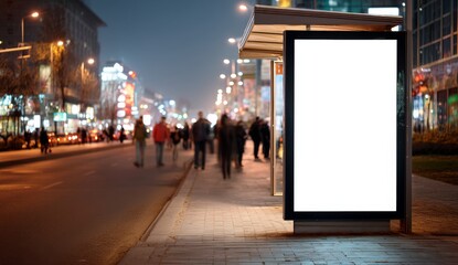 Blank Billboard Displays Advertisement at Night in City Streets with Urban Scenery